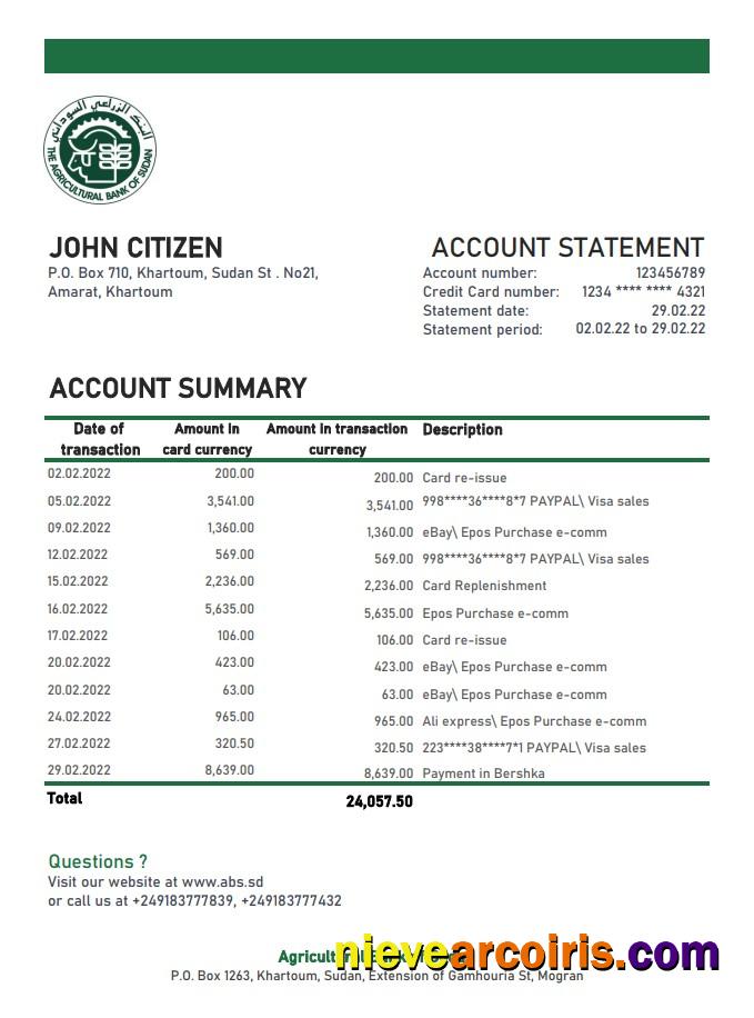 Sudan Agricultural Bank of Sudan bank statement xls